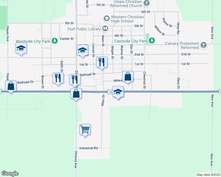 map of restaurants, bars, coffee shops, grocery stores, and more near 1000-1298 Milwaukee Road in Hull