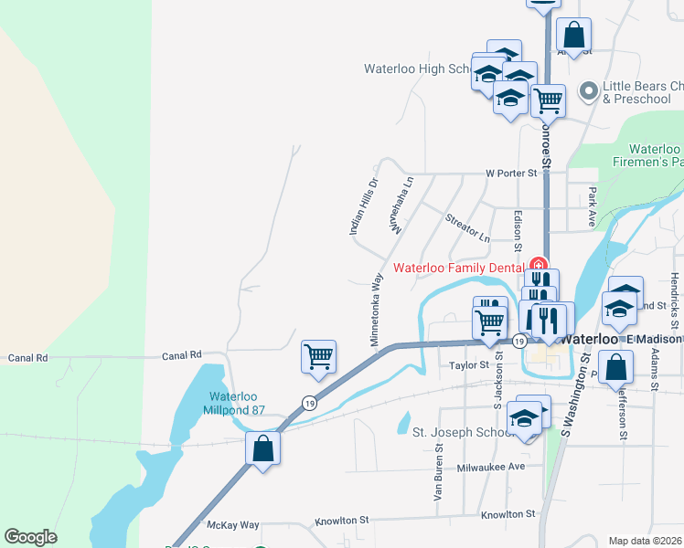 map of restaurants, bars, coffee shops, grocery stores, and more near 614 West Indian Hills Drive in Waterloo