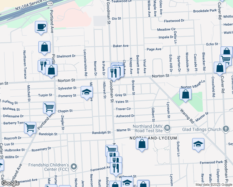 map of restaurants, bars, coffee shops, grocery stores, and more near 25 Elm Place in Rochester