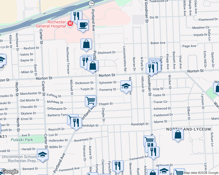 map of restaurants, bars, coffee shops, grocery stores, and more near 87 Sylvester Street in Rochester