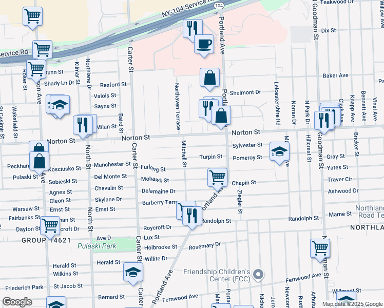 map of restaurants, bars, coffee shops, grocery stores, and more near 154 Mitchell Street in Rochester