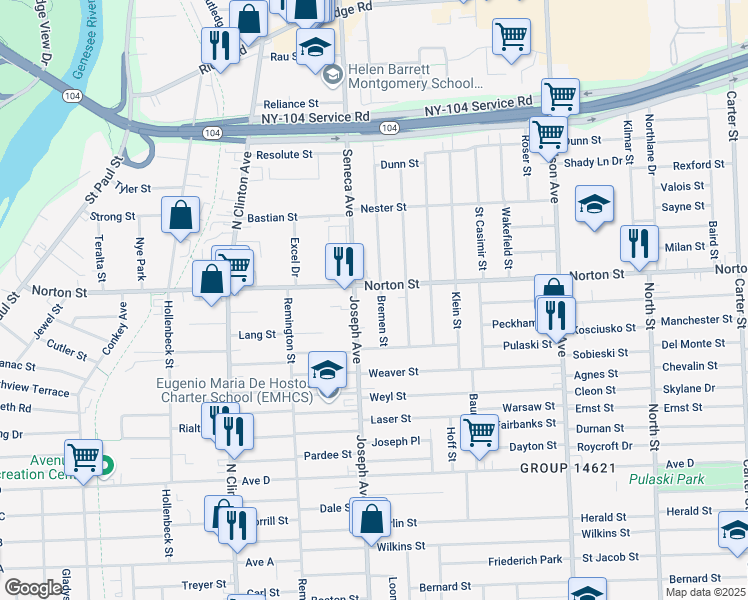 map of restaurants, bars, coffee shops, grocery stores, and more near 28 Bremen Street in Rochester