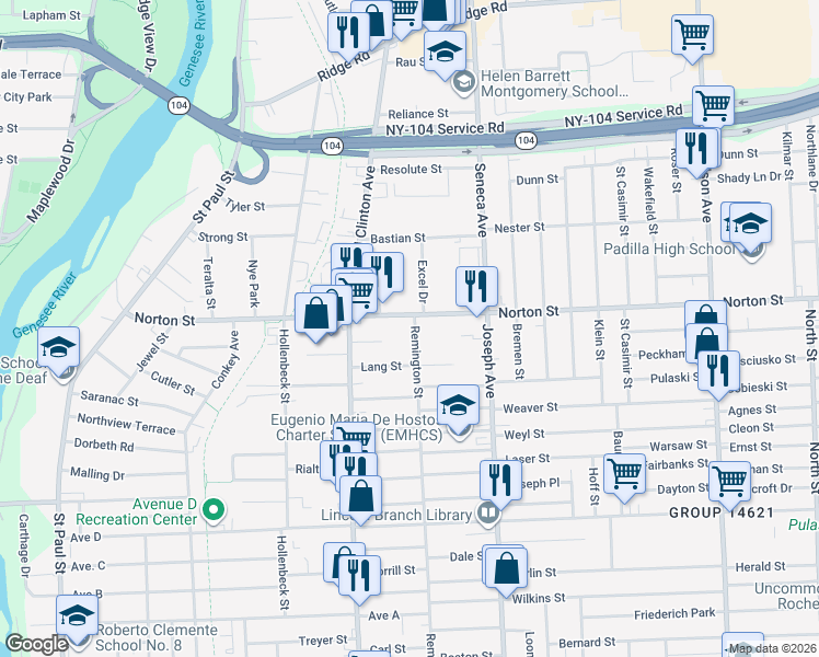 map of restaurants, bars, coffee shops, grocery stores, and more near 547 Remington Street in Rochester