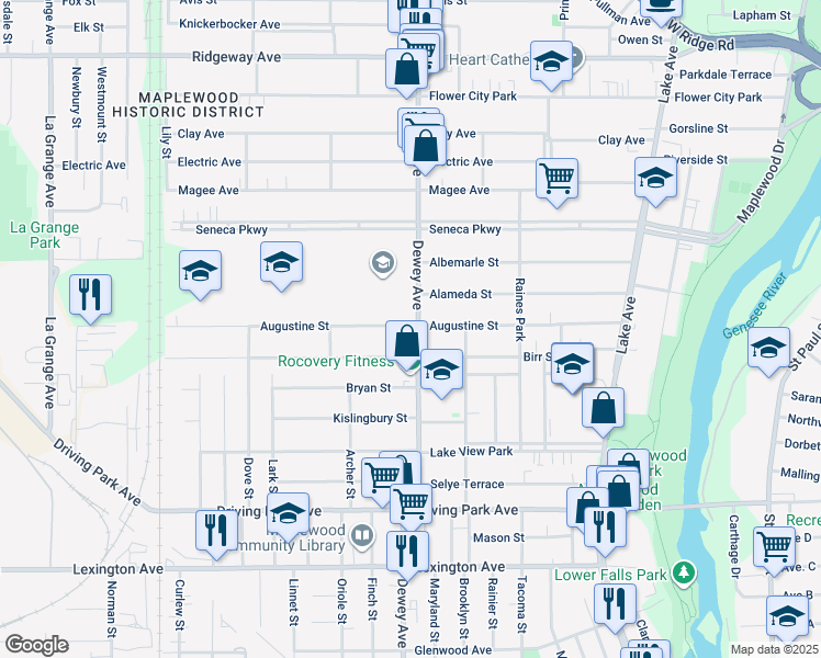 map of restaurants, bars, coffee shops, grocery stores, and more near in Rochester