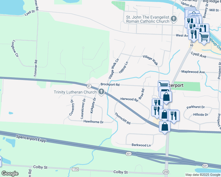 map of restaurants, bars, coffee shops, grocery stores, and more near 3091 Brockport Road in Spencerport
