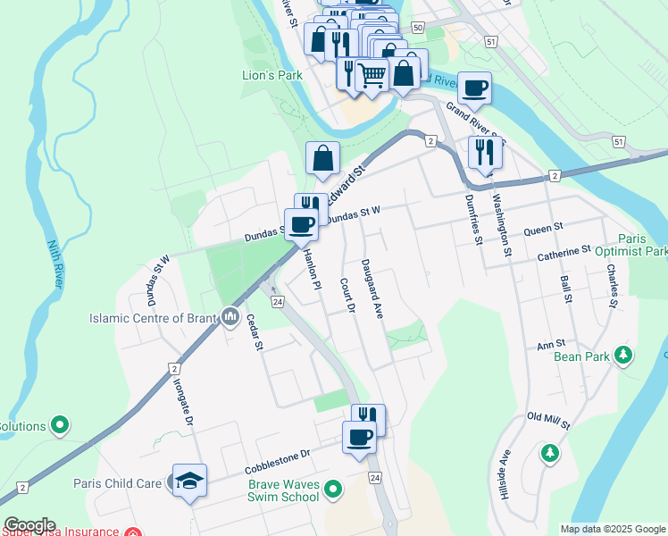map of restaurants, bars, coffee shops, grocery stores, and more near 29-27 Edith Street in Brant