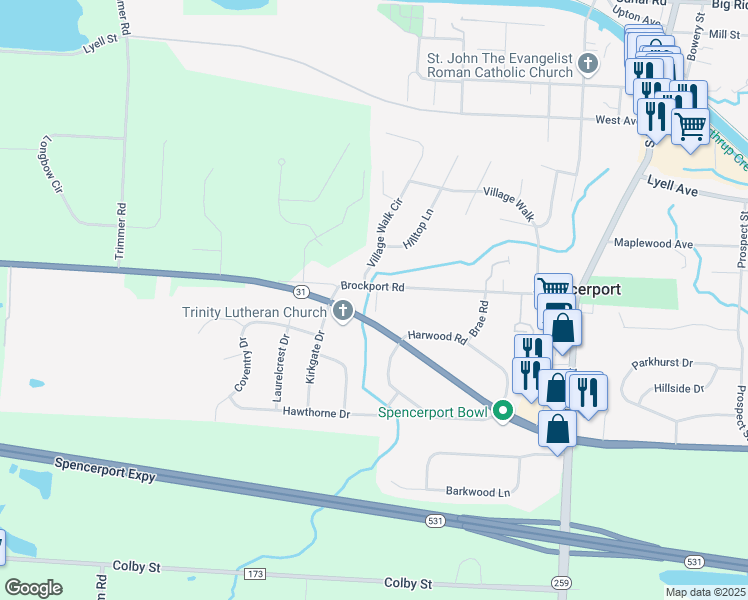 map of restaurants, bars, coffee shops, grocery stores, and more near 3091 Brockport Road in Spencerport