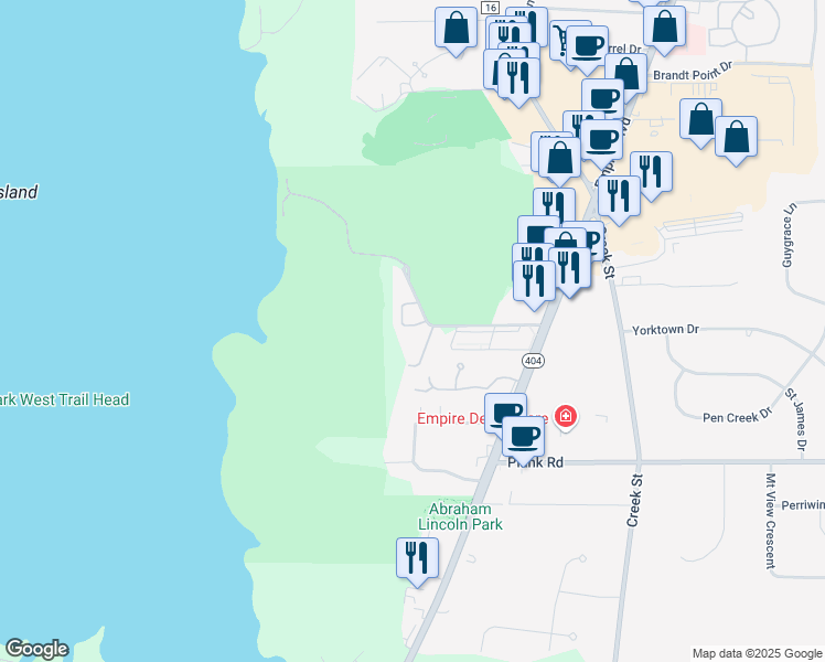 map of restaurants, bars, coffee shops, grocery stores, and more near 11 Bay Park in Webster