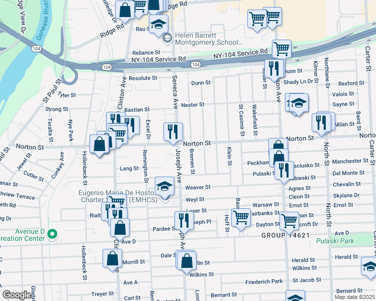 map of restaurants, bars, coffee shops, grocery stores, and more near 28 Bremen Street in Rochester