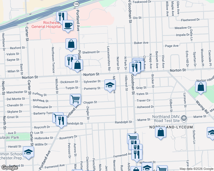map of restaurants, bars, coffee shops, grocery stores, and more near 141 Sylvester Street in Rochester