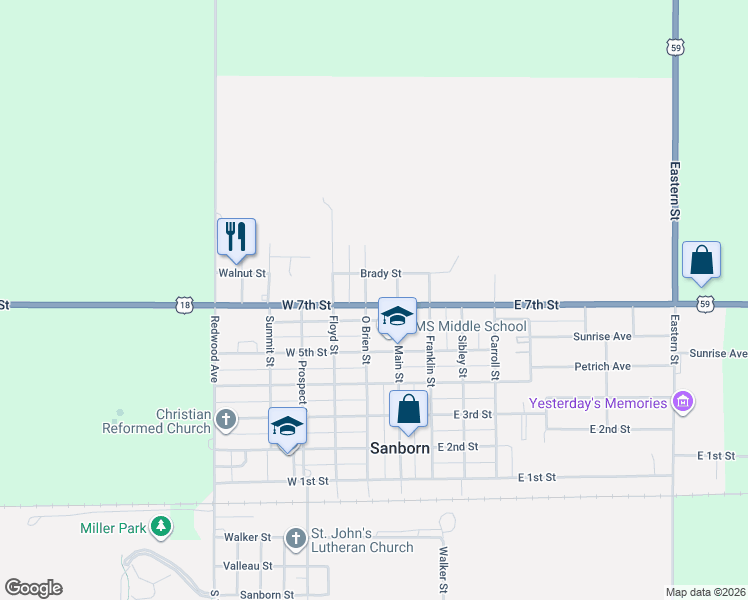 map of restaurants, bars, coffee shops, grocery stores, and more near 100 West 7th Street in Sanborn