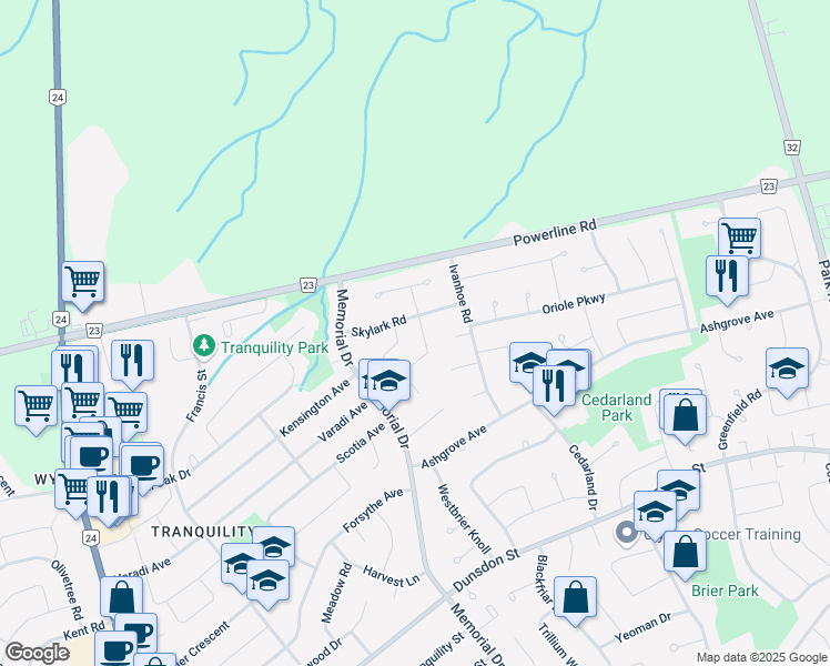 map of restaurants, bars, coffee shops, grocery stores, and more near 6 Colonial Crescent in Brantford