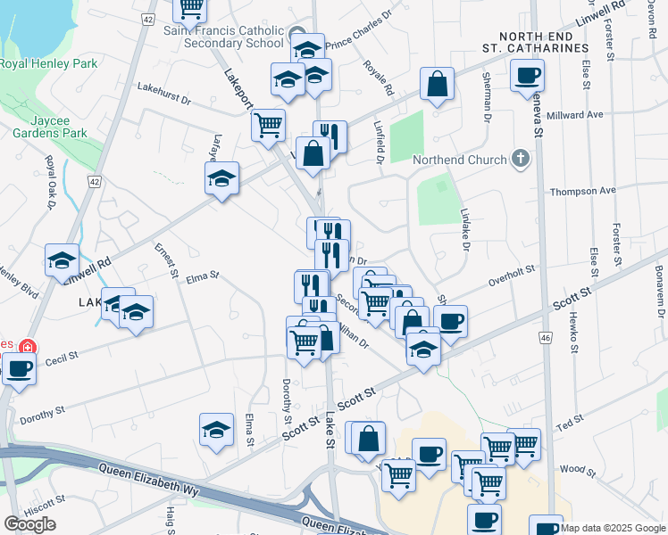 map of restaurants, bars, coffee shops, grocery stores, and more near 314 Lake Street in Saint Catharines