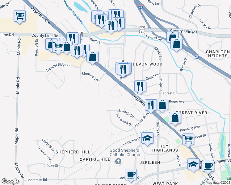 map of restaurants, bars, coffee shops, grocery stores, and more near N92W17695 White Oak Circle in Menomonee Falls