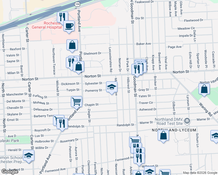 map of restaurants, bars, coffee shops, grocery stores, and more near 141 Sylvester Street in Rochester