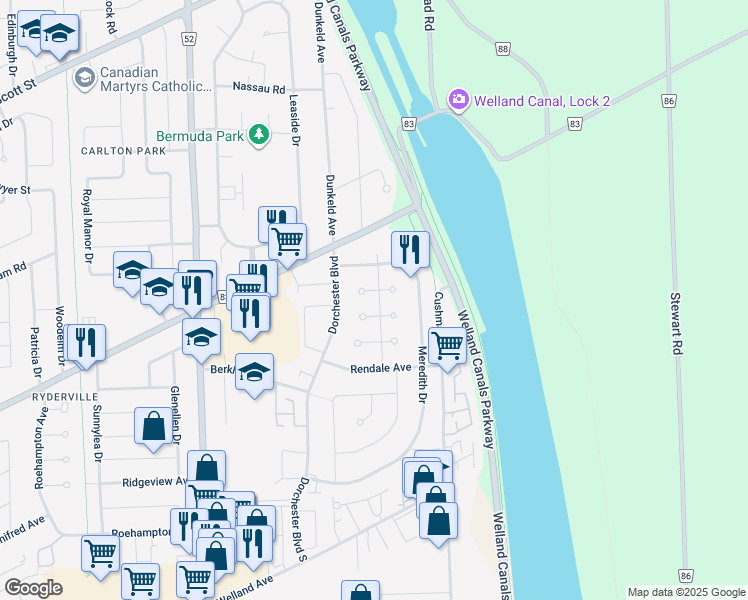 map of restaurants, bars, coffee shops, grocery stores, and more near in St. Catharines