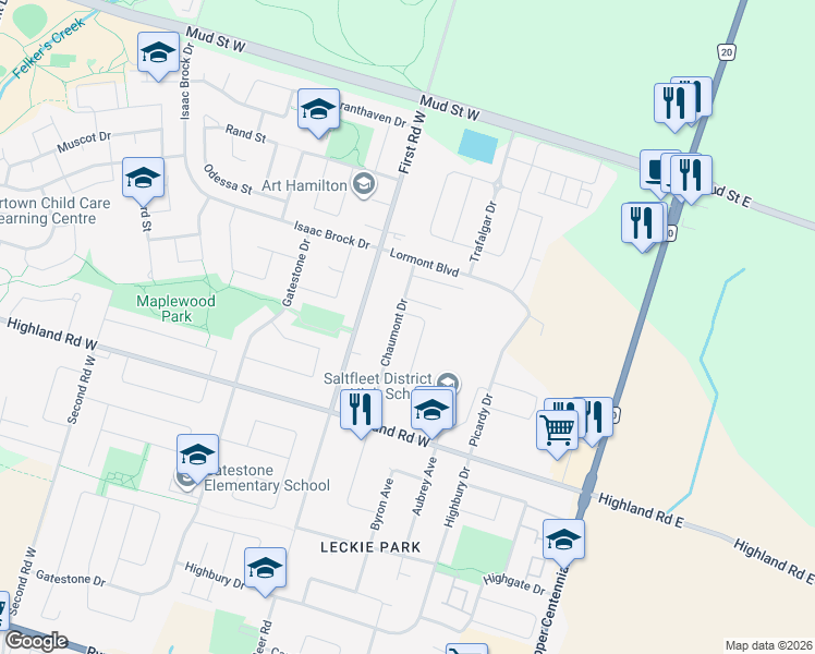 map of restaurants, bars, coffee shops, grocery stores, and more near Narbonne Crescent in Hamilton