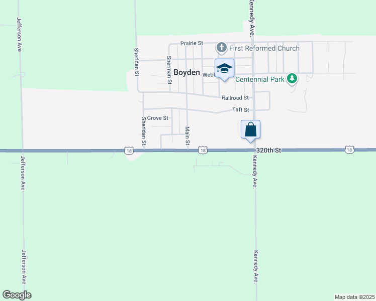 map of restaurants, bars, coffee shops, grocery stores, and more near 501 Main Street in Boyden