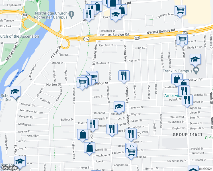 map of restaurants, bars, coffee shops, grocery stores, and more near 541 Remington Street in Rochester