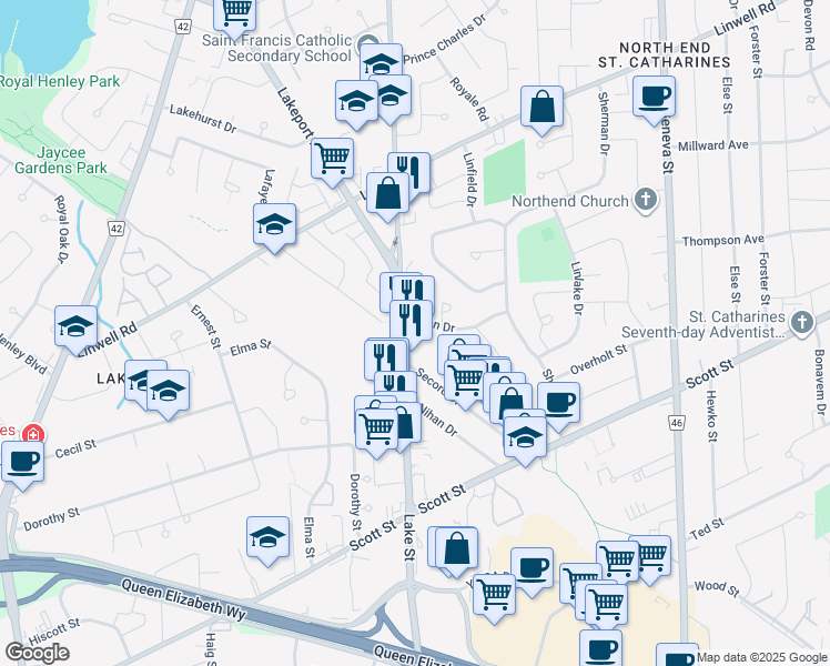 map of restaurants, bars, coffee shops, grocery stores, and more near 314-316 Lake Street in St. Catharines