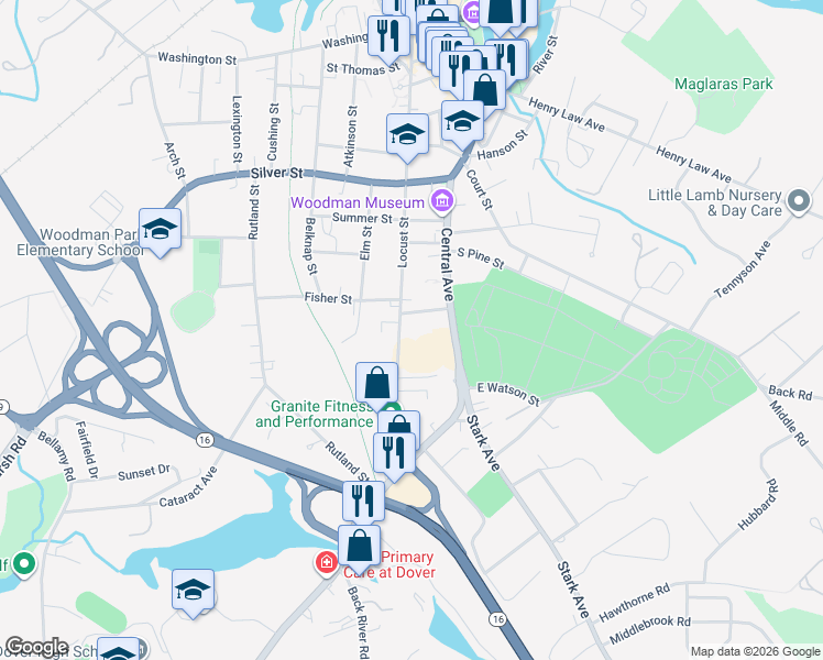 map of restaurants, bars, coffee shops, grocery stores, and more near 14 Trakey Street in Dover