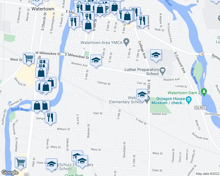 map of restaurants, bars, coffee shops, grocery stores, and more near 705 Clyman Street in Watertown
