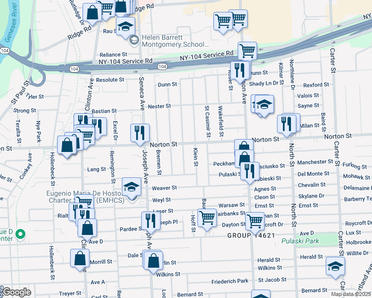 map of restaurants, bars, coffee shops, grocery stores, and more near 667 Norton Street in Rochester