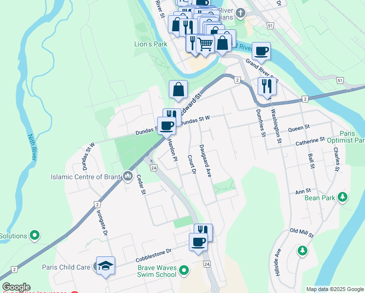 map of restaurants, bars, coffee shops, grocery stores, and more near 29-27 Edith Street in Brant