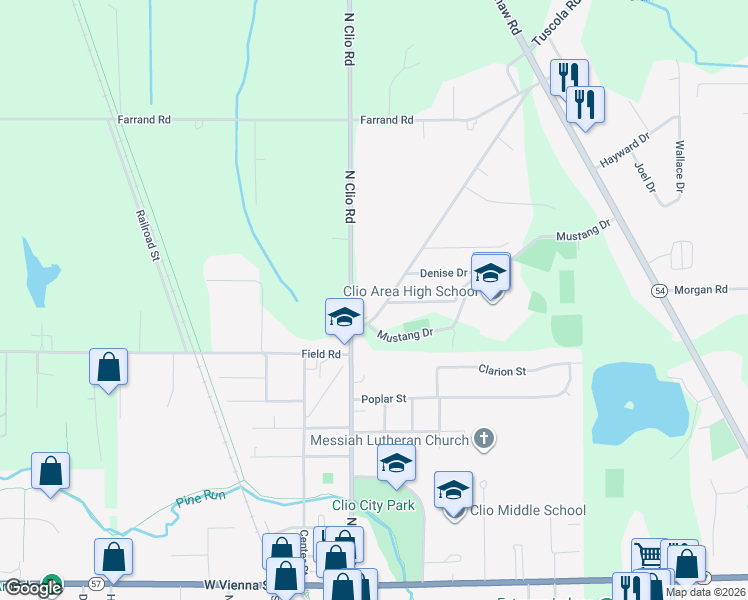 map of restaurants, bars, coffee shops, grocery stores, and more near 12345 Tuscola Road in Clio
