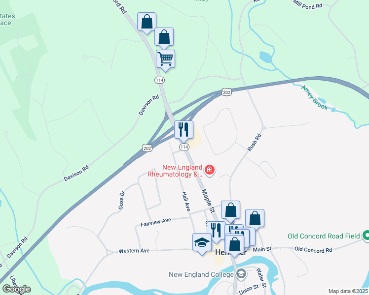 map of restaurants, bars, coffee shops, grocery stores, and more near 262 Maple Street in Henniker