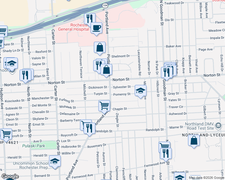 map of restaurants, bars, coffee shops, grocery stores, and more near 33 Sylvester Street in Rochester