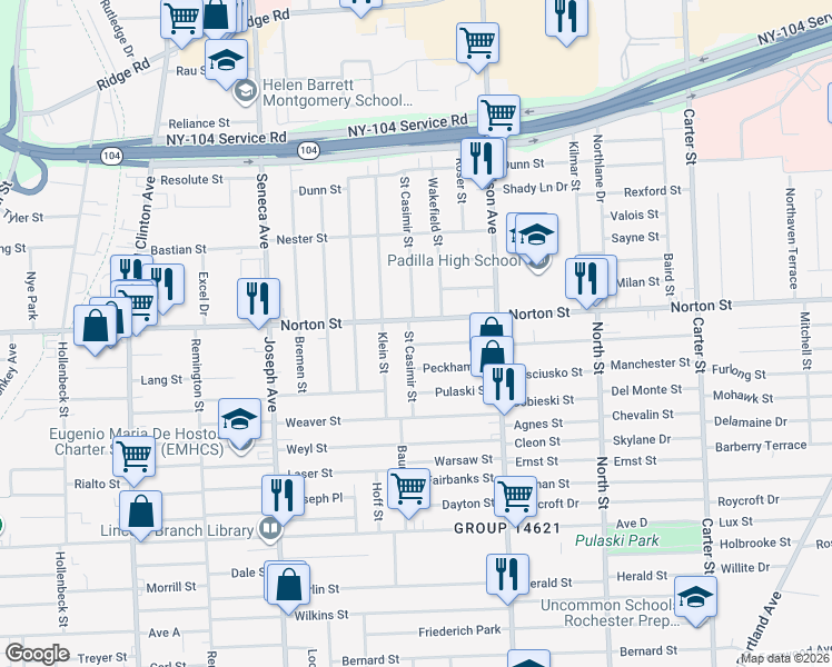 map of restaurants, bars, coffee shops, grocery stores, and more near 769 Norton Street in Rochester