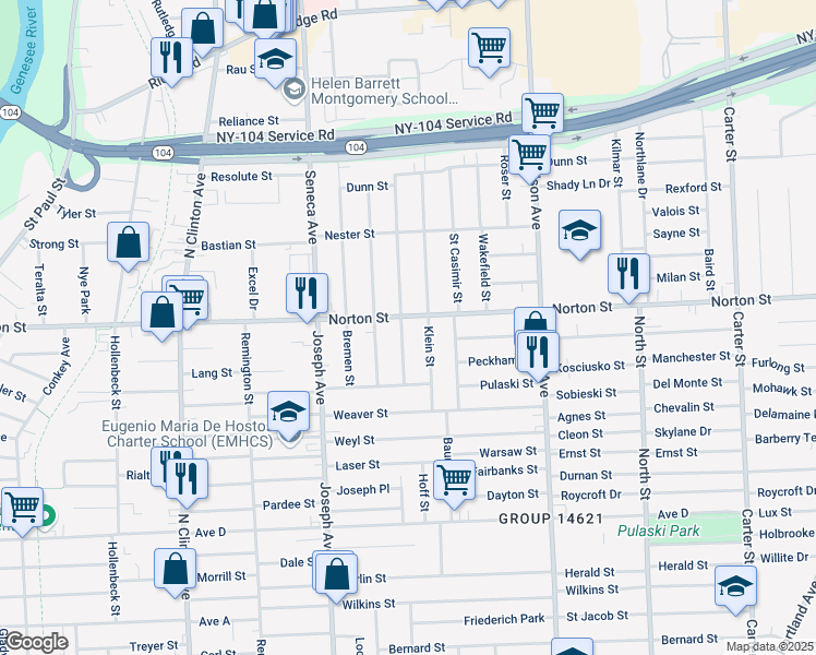 map of restaurants, bars, coffee shops, grocery stores, and more near 667 Norton Street in Rochester