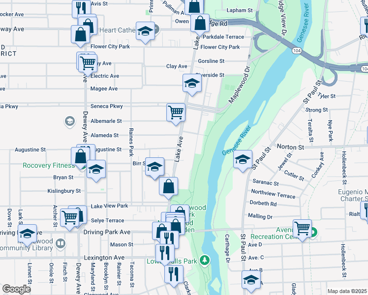 map of restaurants, bars, coffee shops, grocery stores, and more near 1115 Lake Avenue in Rochester
