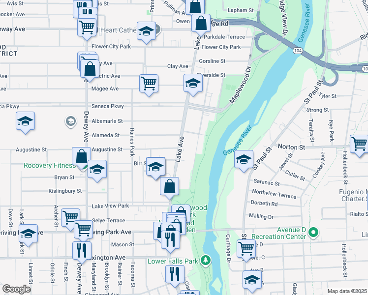map of restaurants, bars, coffee shops, grocery stores, and more near 1115 Lake Avenue in Rochester