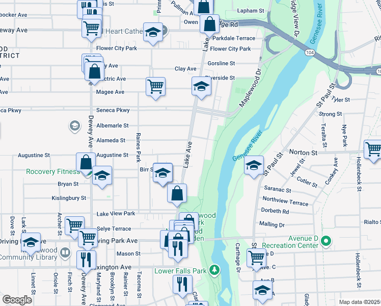 map of restaurants, bars, coffee shops, grocery stores, and more near 1115 Lake Avenue in Rochester