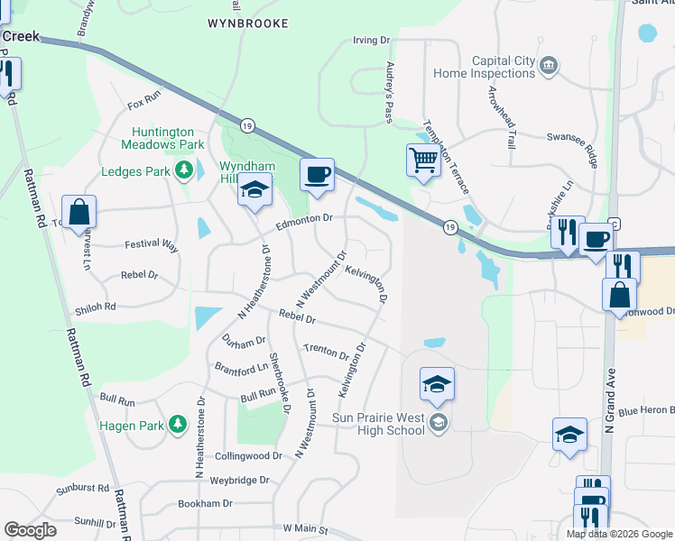 map of restaurants, bars, coffee shops, grocery stores, and more near 567 Kelvington Drive in Sun Prairie