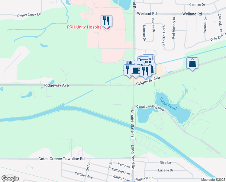 map of restaurants, bars, coffee shops, grocery stores, and more near 31 Erie Canal Drive in Rochester