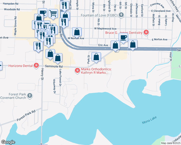 map of restaurants, bars, coffee shops, grocery stores, and more near 433 Seminole Road in Norton Shores