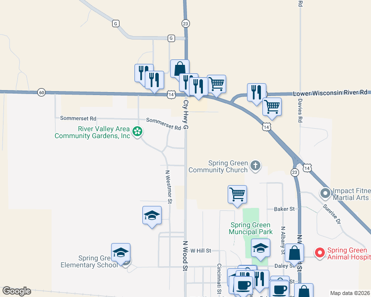 map of restaurants, bars, coffee shops, grocery stores, and more near Cty Highway G in Spring Green