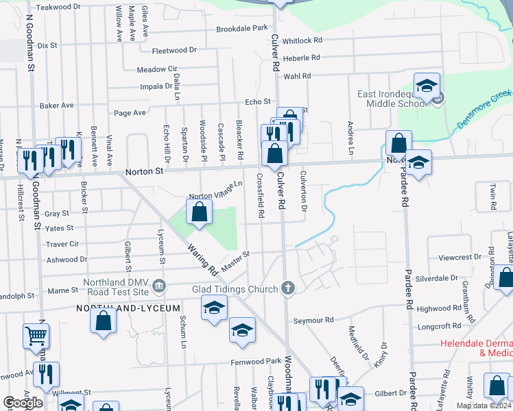 map of restaurants, bars, coffee shops, grocery stores, and more near 263 Crossfield Road in Rochester