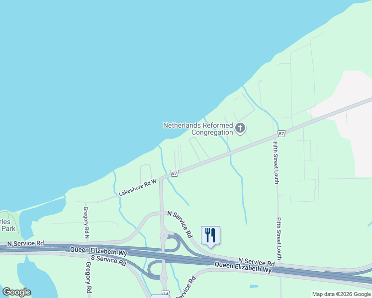 map of restaurants, bars, coffee shops, grocery stores, and more near 1198 Lakeshore Road West in Saint Catharines