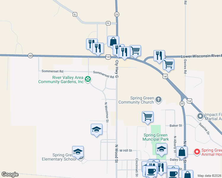 map of restaurants, bars, coffee shops, grocery stores, and more near 513 Jordan Way in Spring Green