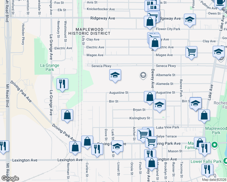 map of restaurants, bars, coffee shops, grocery stores, and more near 480 Augustine Street in Rochester