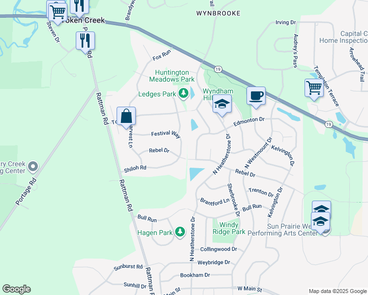 map of restaurants, bars, coffee shops, grocery stores, and more near 3692 Festival Way in DeForest