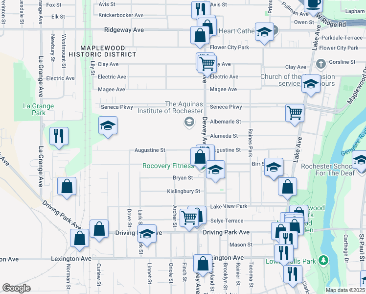 map of restaurants, bars, coffee shops, grocery stores, and more near 374 Augustine Street in Rochester