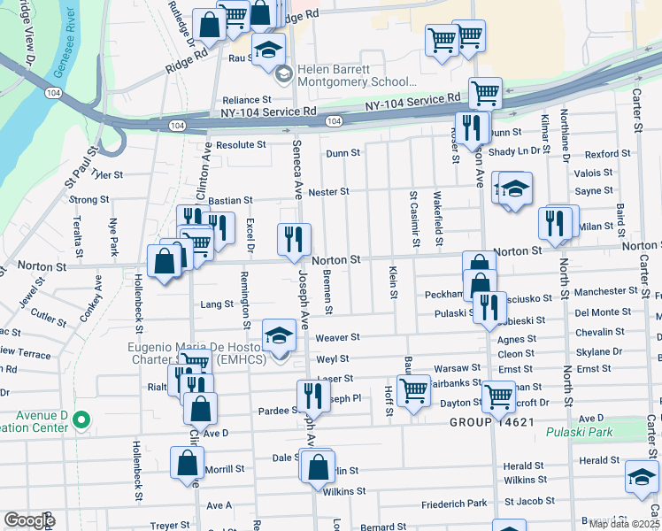 map of restaurants, bars, coffee shops, grocery stores, and more near 28 Bremen Street in Rochester