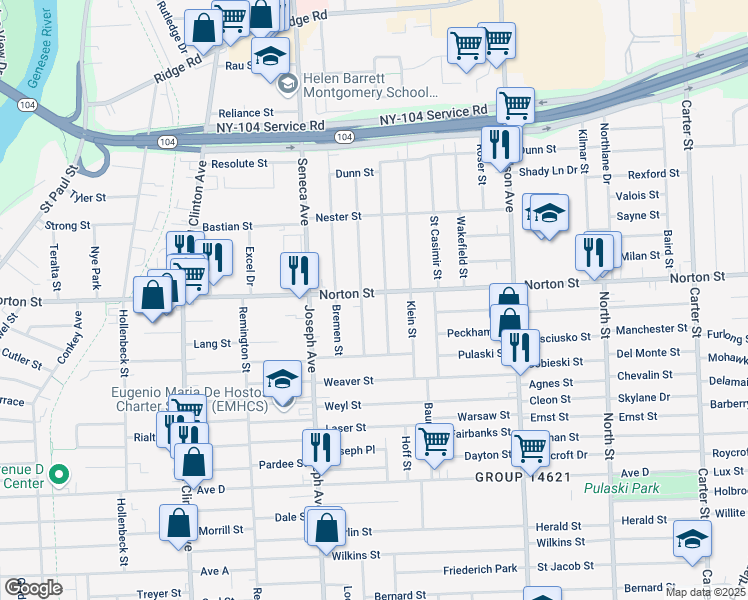 map of restaurants, bars, coffee shops, grocery stores, and more near 667 Norton Street in Rochester
