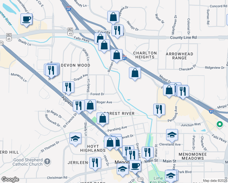 map of restaurants, bars, coffee shops, grocery stores, and more near W168N9289 Grand Avenue in Menomonee Falls