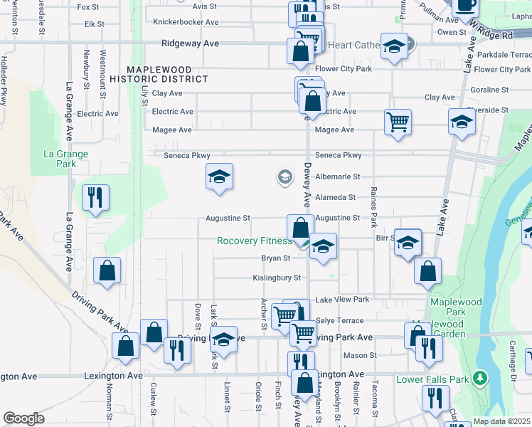map of restaurants, bars, coffee shops, grocery stores, and more near 374 Augustine Street in Rochester